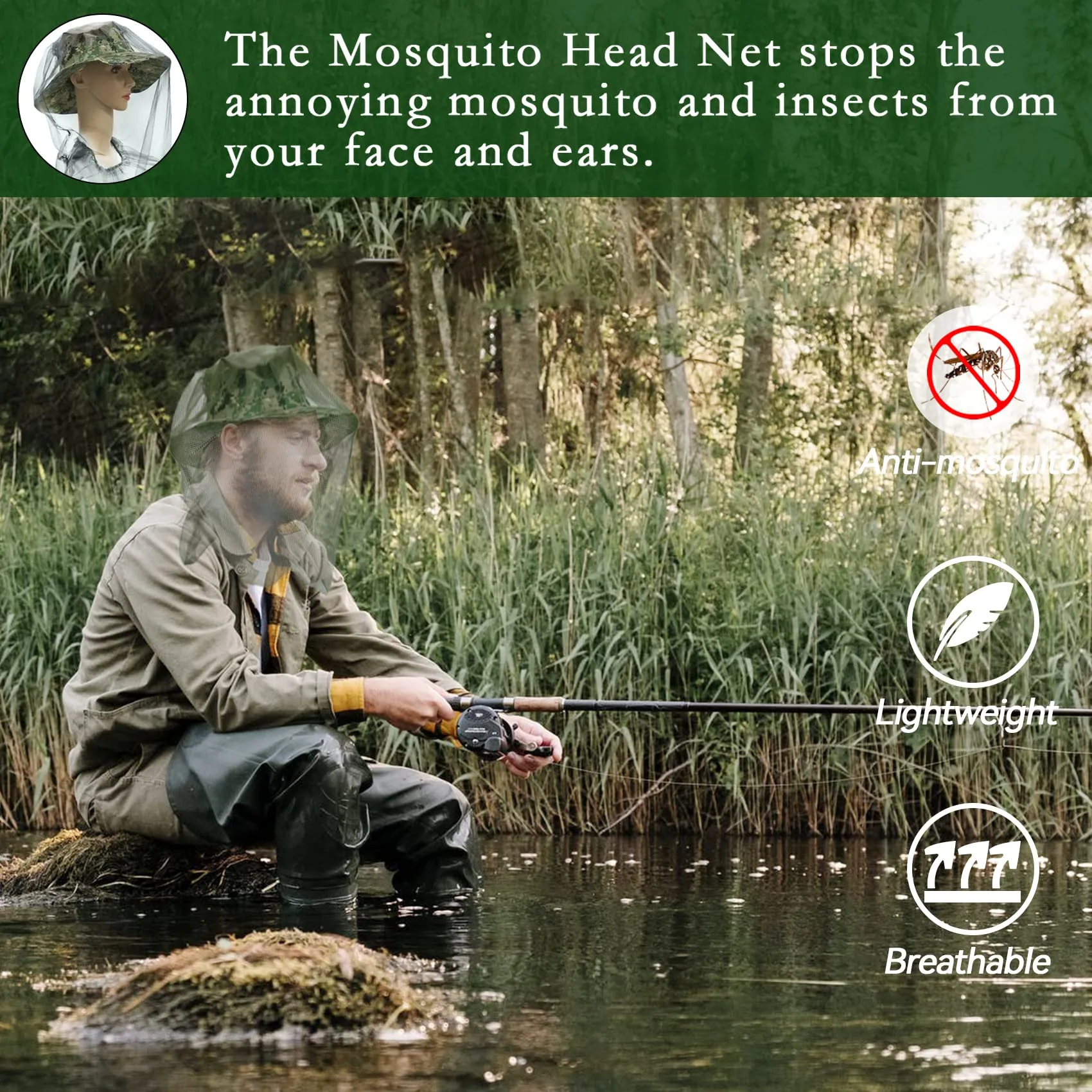 4 Pieces Mosquito Head Net, Midge Net Head Cover for Outdoor Hiking, Fishing, Camping, Climbing, Green