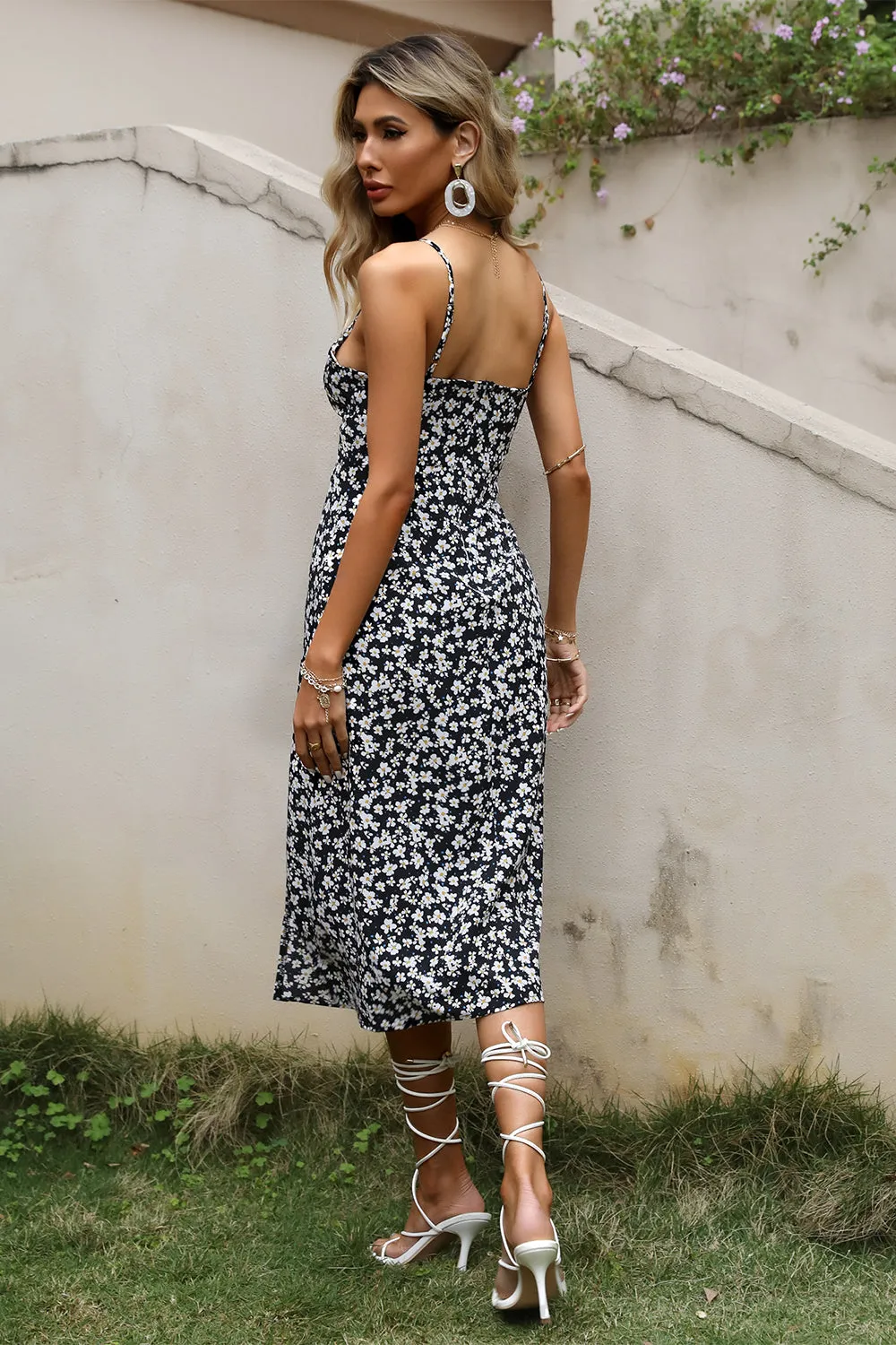 Black Print Summer Dress with Slit
