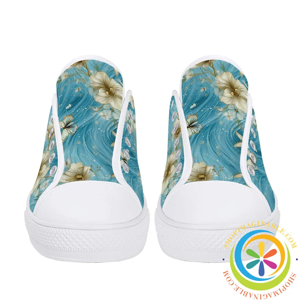 Blue Butterfly Floral Ladies Low Top Canvas Shoes