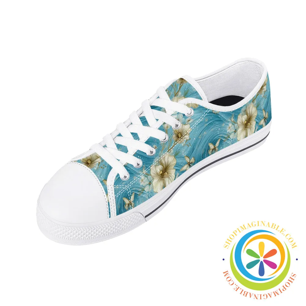 Blue Butterfly Floral Ladies Low Top Canvas Shoes