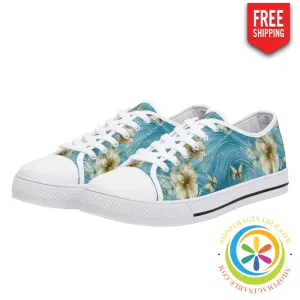 Blue Butterfly Floral Ladies Low Top Canvas Shoes