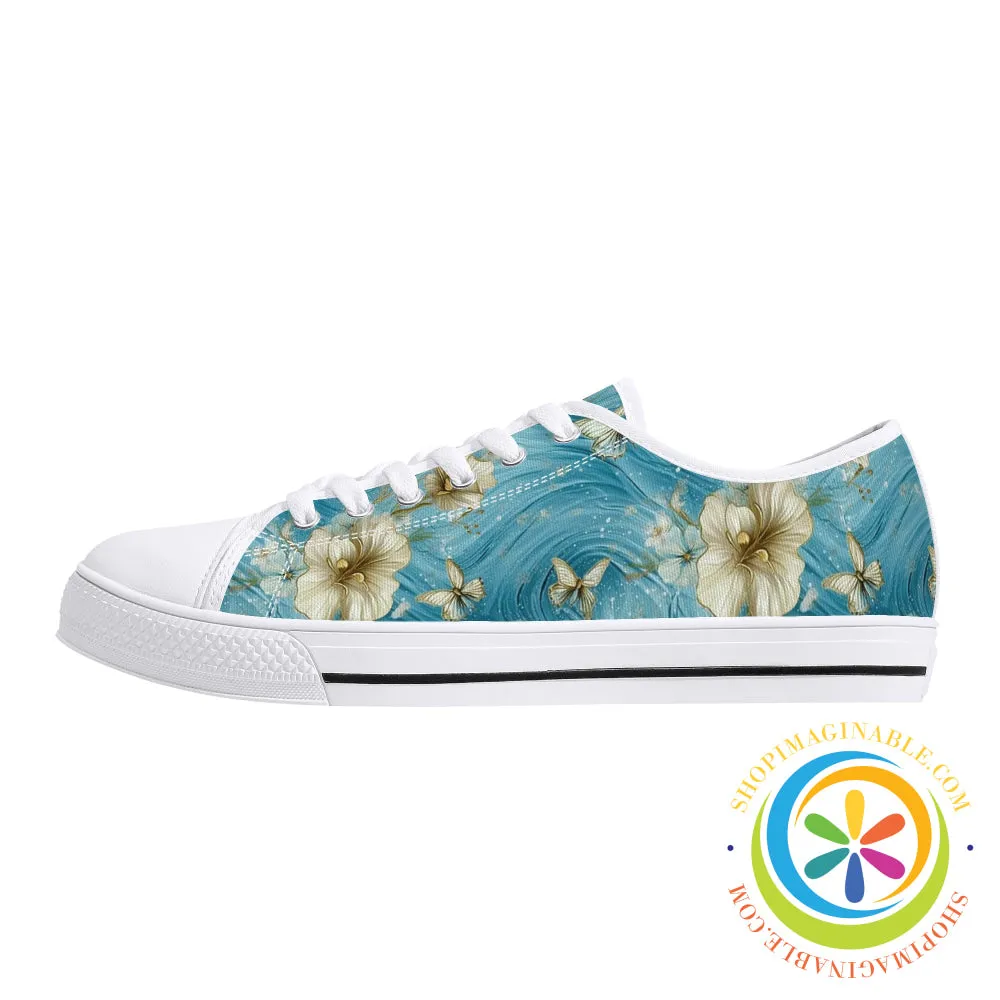 Blue Butterfly Floral Ladies Low Top Canvas Shoes