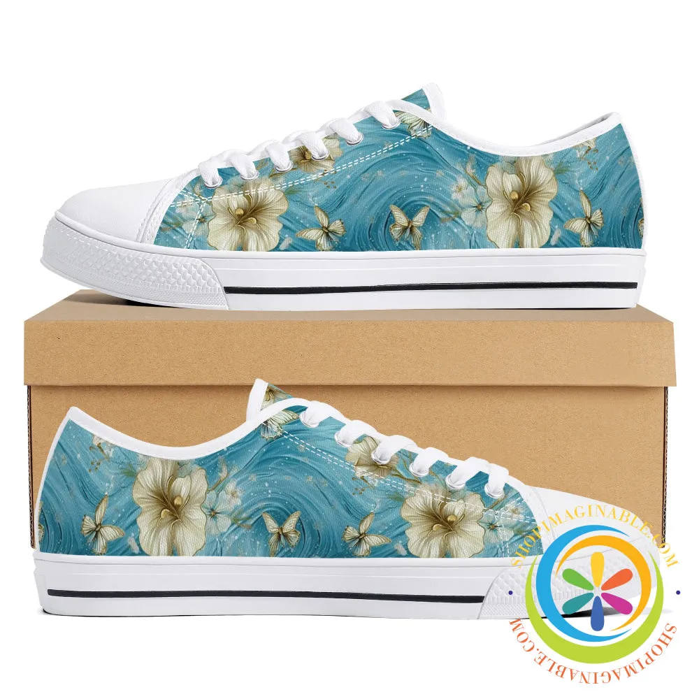 Blue Butterfly Floral Ladies Low Top Canvas Shoes