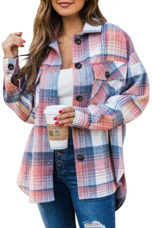 Blue Pink Womens Casual Plaid Shacket Wool Blend Button Down Long Sleeve Shirt Fall Jacket Shackets - AUTOMET
