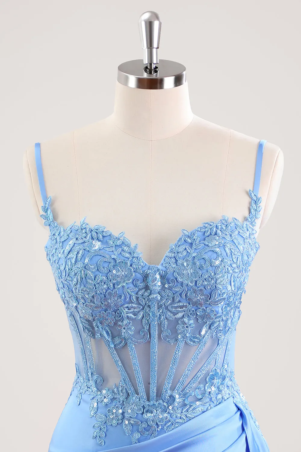 Blue Spaghetti Straps Corset Floral Tight Short Homecoming Dress