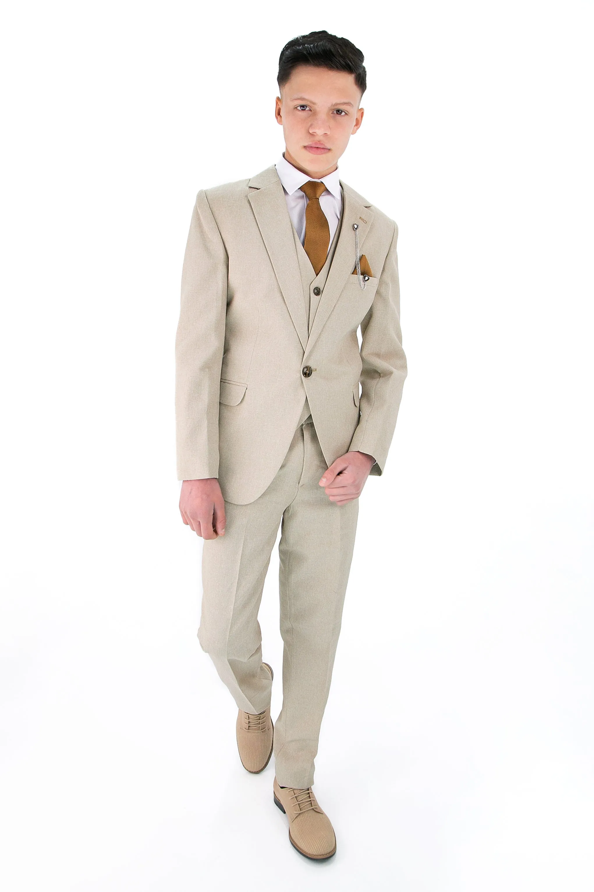 Boys Slim Fit Textured 8-Piece Formal Suit Set - Beige