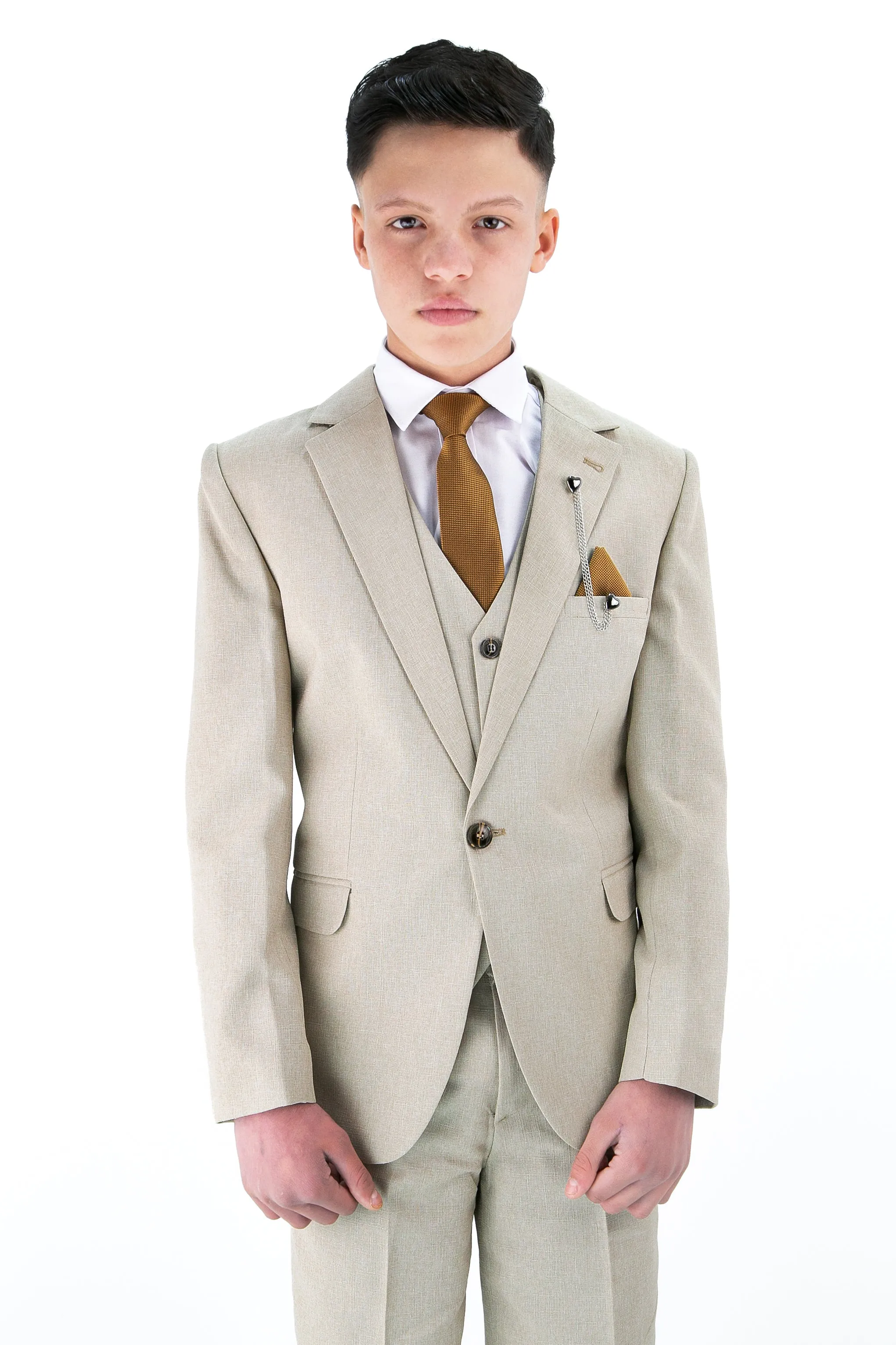 Boys Slim Fit Textured 8-Piece Formal Suit Set - Beige