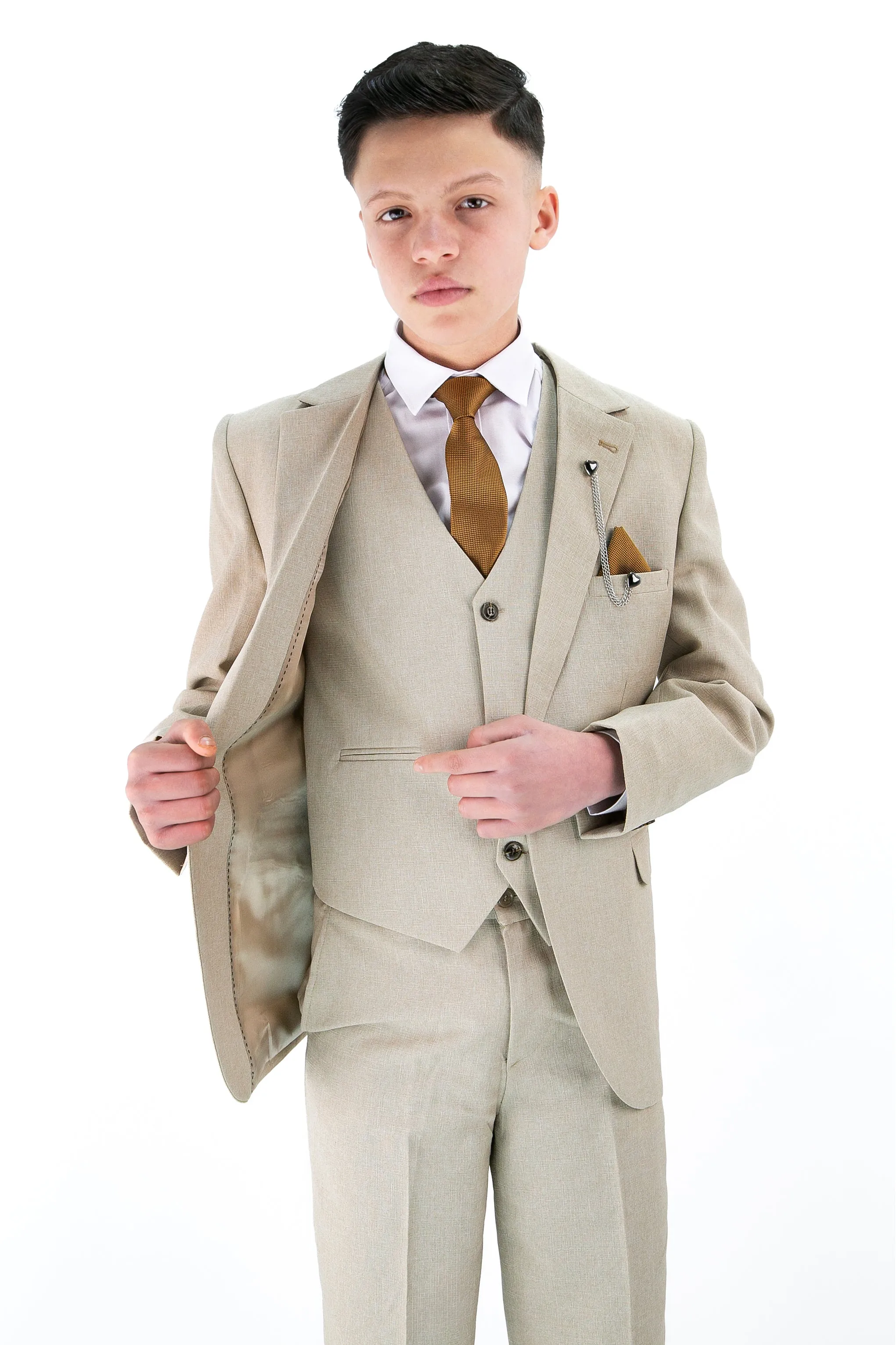 Boys Slim Fit Textured 8-Piece Formal Suit Set - Beige
