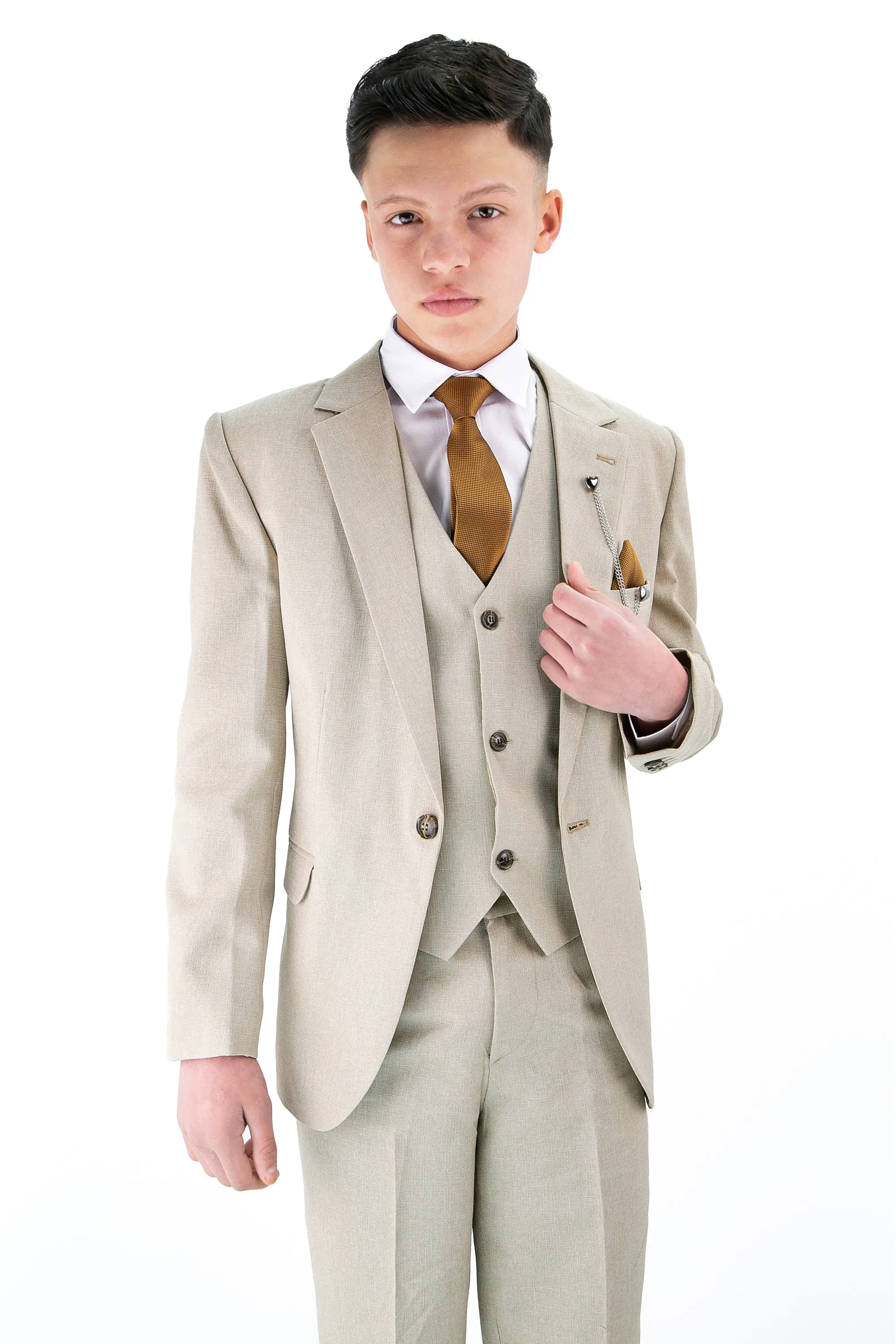 Boys Slim Fit Textured 8-Piece Formal Suit Set - Beige