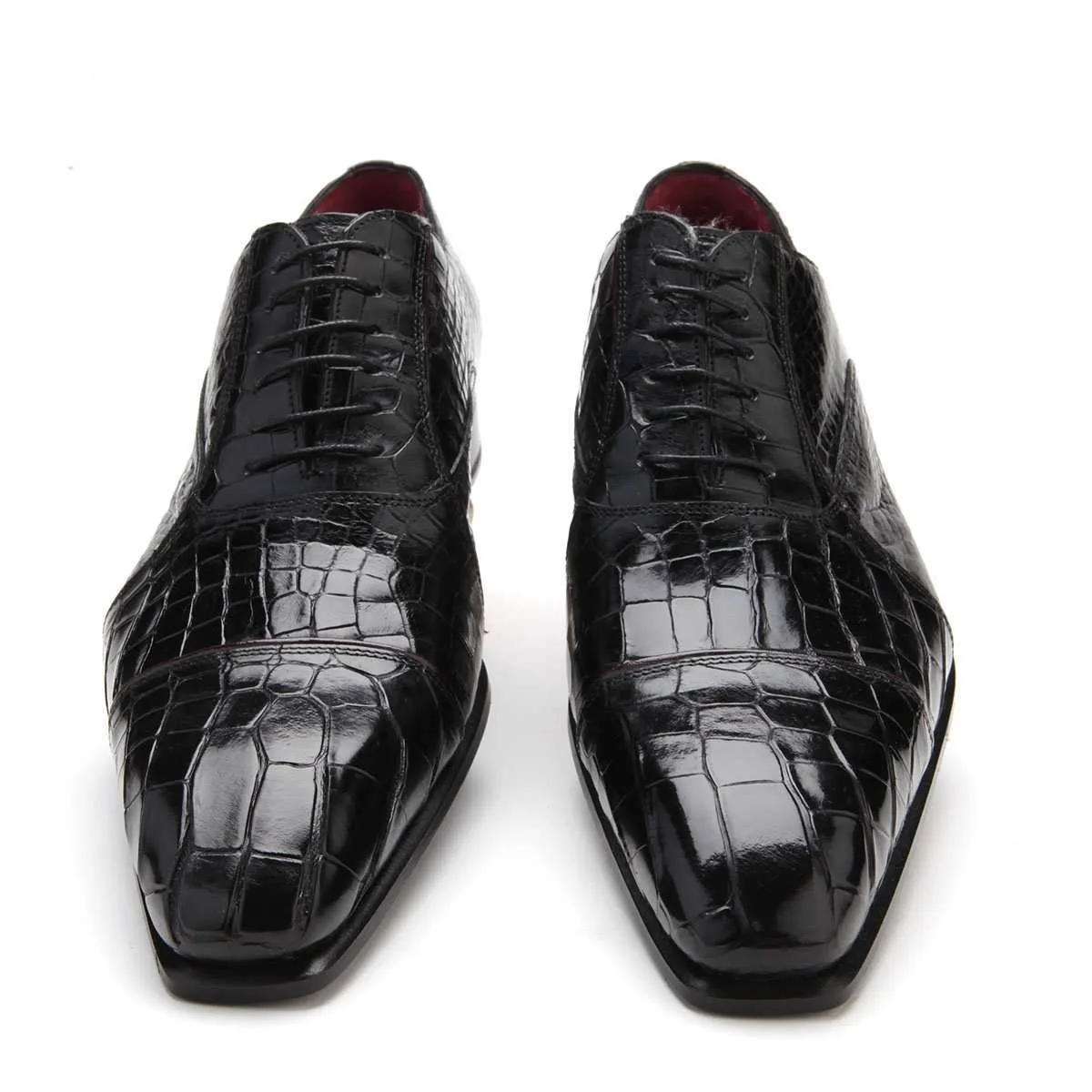 Caporicci 201 Men's Luxury Italian Designer Shoes Black Baby Alligator Cap-Toe Oxfords (CAP1026)