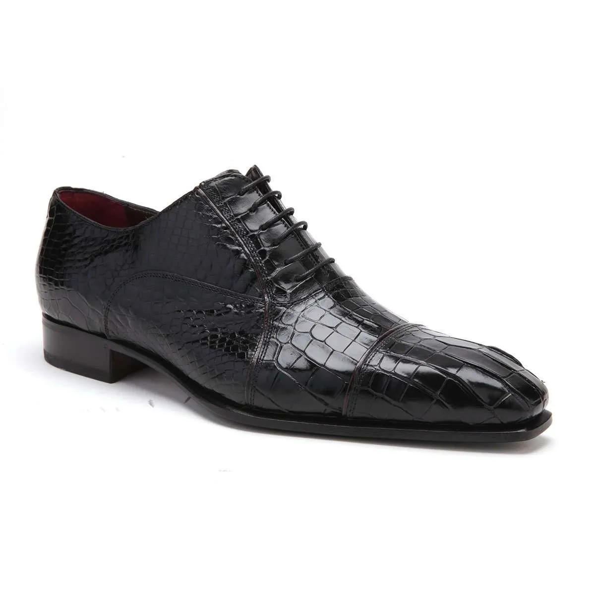 Caporicci 201 Men's Luxury Italian Designer Shoes Black Baby Alligator Cap-Toe Oxfords (CAP1026)