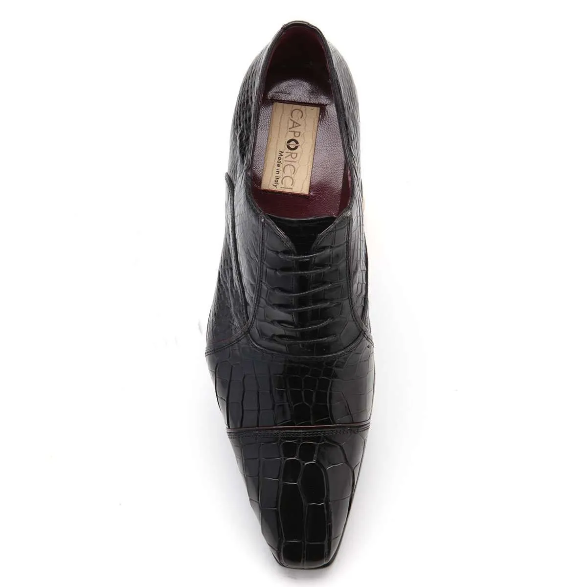 Caporicci 201 Men's Luxury Italian Designer Shoes Black Baby Alligator Cap-Toe Oxfords (CAP1026)