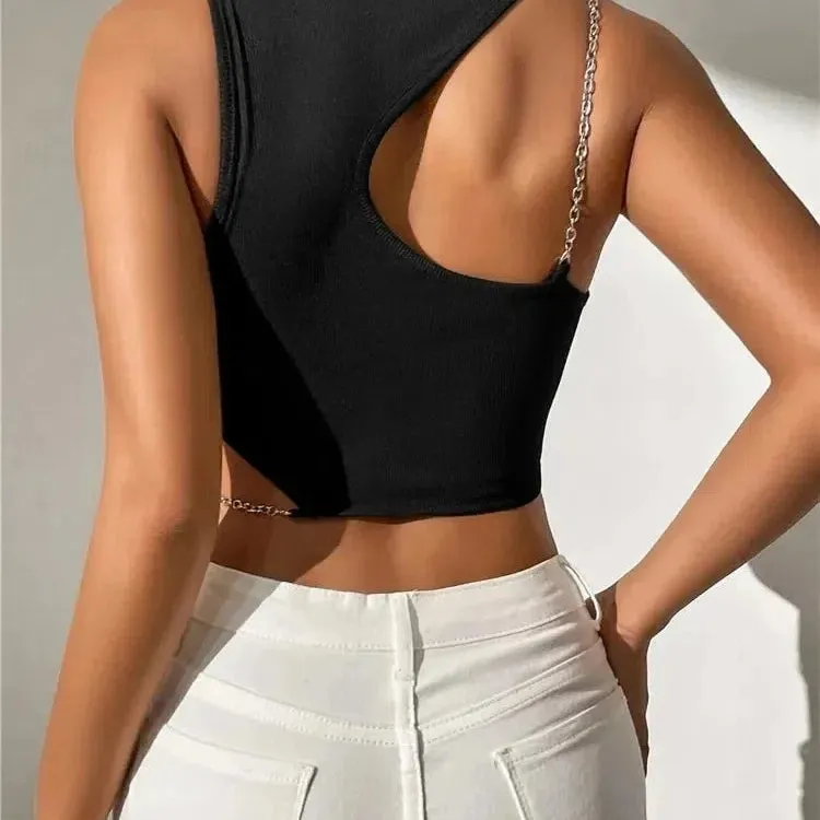 Chain Cut Out Rib Knit Crop Top Women Summer Y2K Streetwear