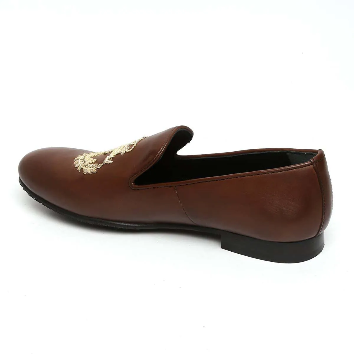 Dark Brown Leather Slip-On with Anchor Crown Crest Hand Made Zardosi