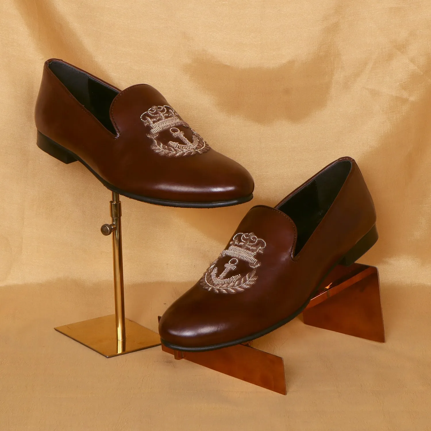 Dark Brown Leather Slip-On with Anchor Crown Crest Hand Made Zardosi