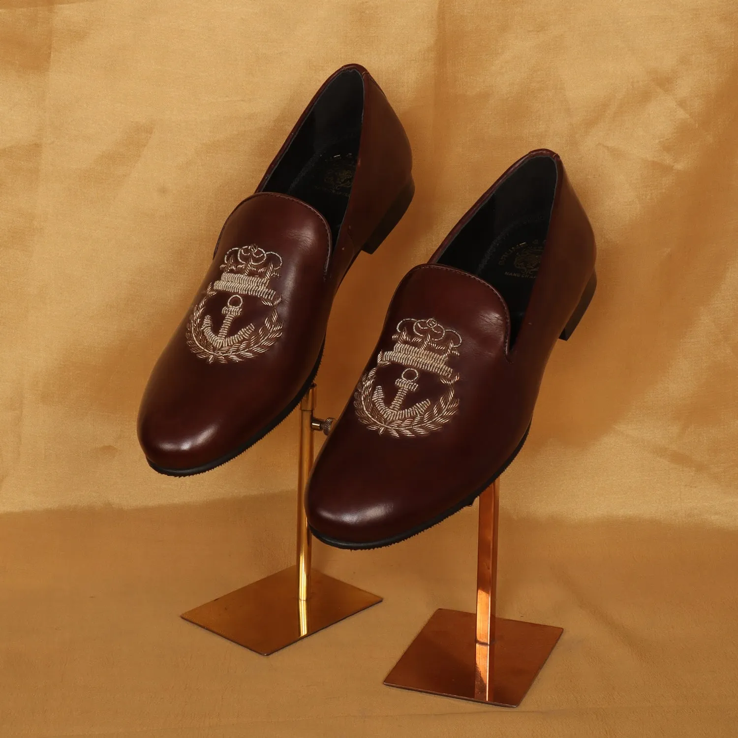 Dark Brown Leather Slip-On with Anchor Crown Crest Hand Made Zardosi