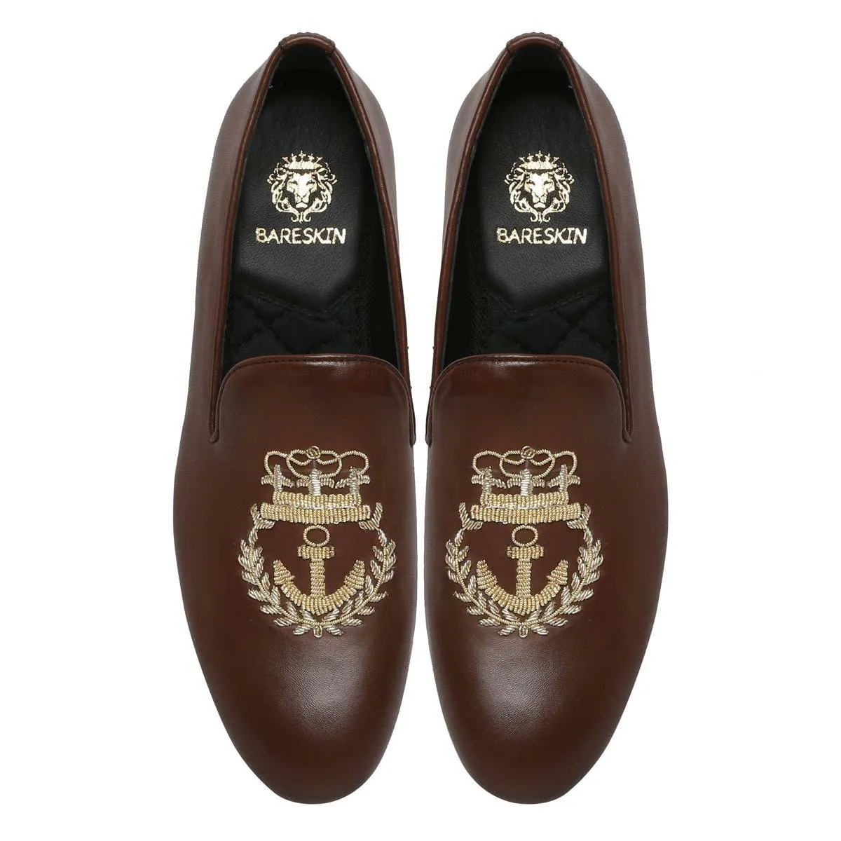 Dark Brown Leather Slip-On with Anchor Crown Crest Hand Made Zardosi