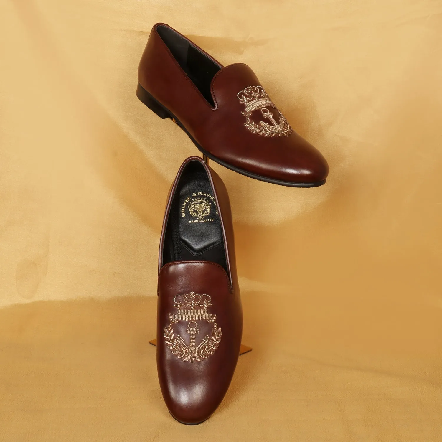 Dark Brown Leather Slip-On with Anchor Crown Crest Hand Made Zardosi