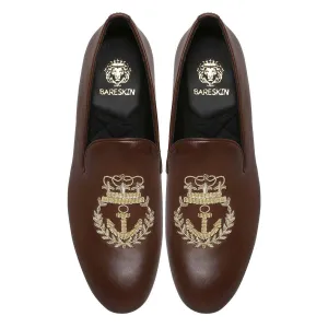 Dark Brown Leather Slip-On with Anchor Crown Crest Hand Made Zardosi