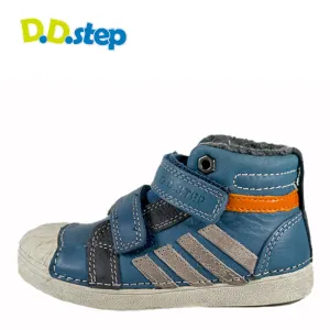 D.D. Step little kid boy shoes/winter boots with faux fur insulation blue with orange and grey decor stripes size US 8.5-4