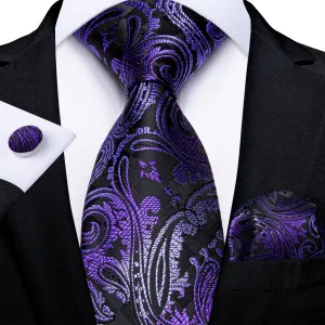 DiBanGu Mens Suit Tie Black Purple Floral Silk Tie Pocket Square Cufflinks Set