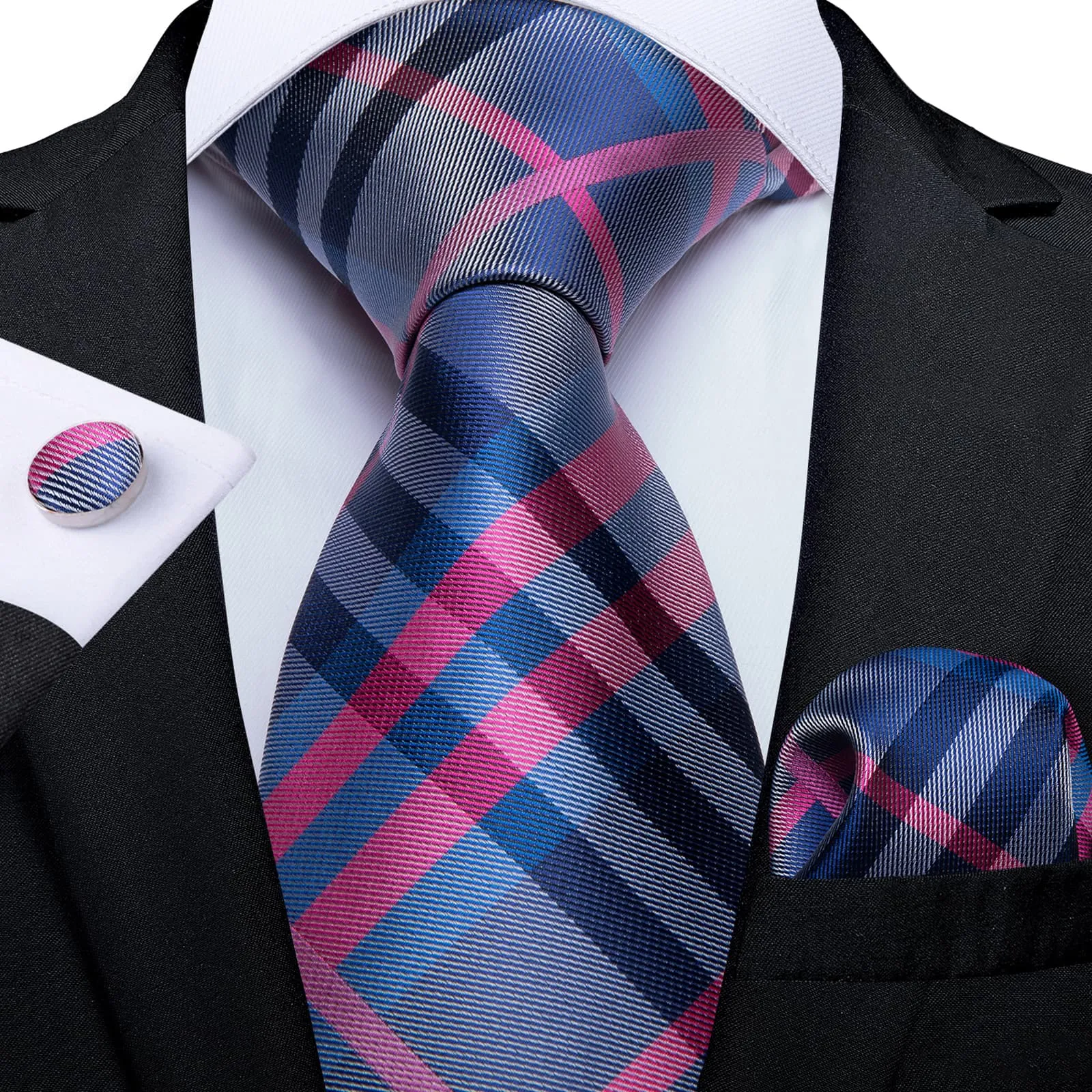 DiBanGu Silk Tie Blue Pink Irregular Striped Easy-pull Lazy Mens Tie Handkerchief Cufflinks Set