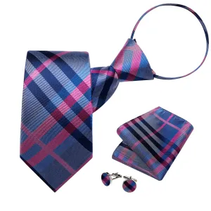 DiBanGu Silk Tie Blue Pink Irregular Striped Easy-pull Lazy Mens Tie Handkerchief Cufflinks Set