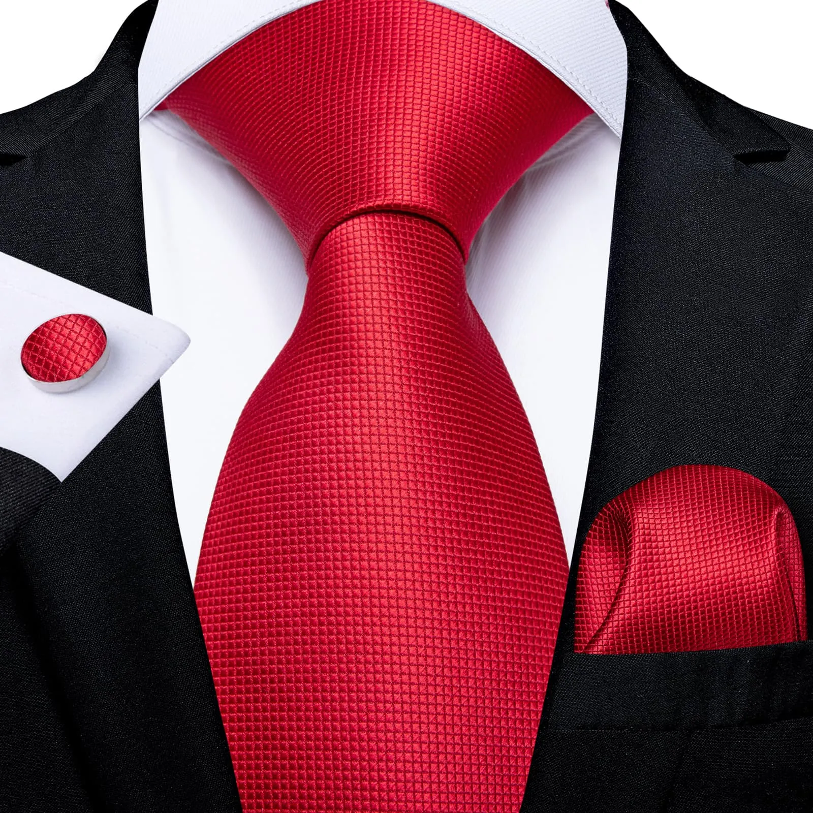 DiBanGu Silk Tie Rose Red Plaid Easy-pull Lazy Mens Tie Pocket Square Cufflinks Set