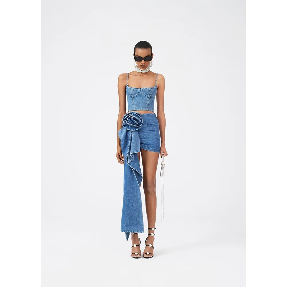 Draped Denim 3D Flower Top and Skirt