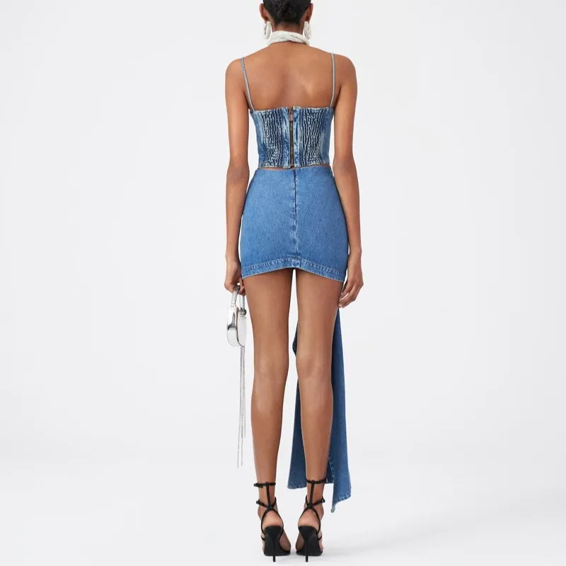 Draped Denim 3D Flower Top and Skirt