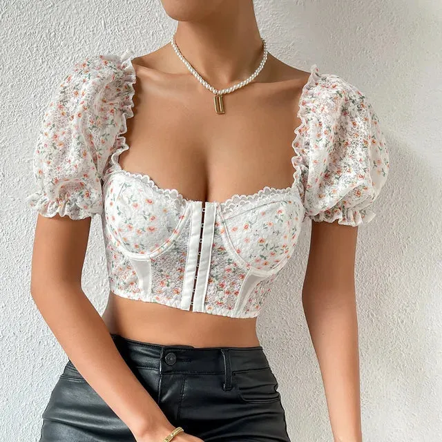 Floral Chic French Low Cut Crop Top for Sexy Streetwear