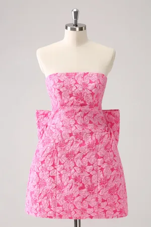 Fuchsia A Line Floral Strapless Short Homecoming Dress With Bow
