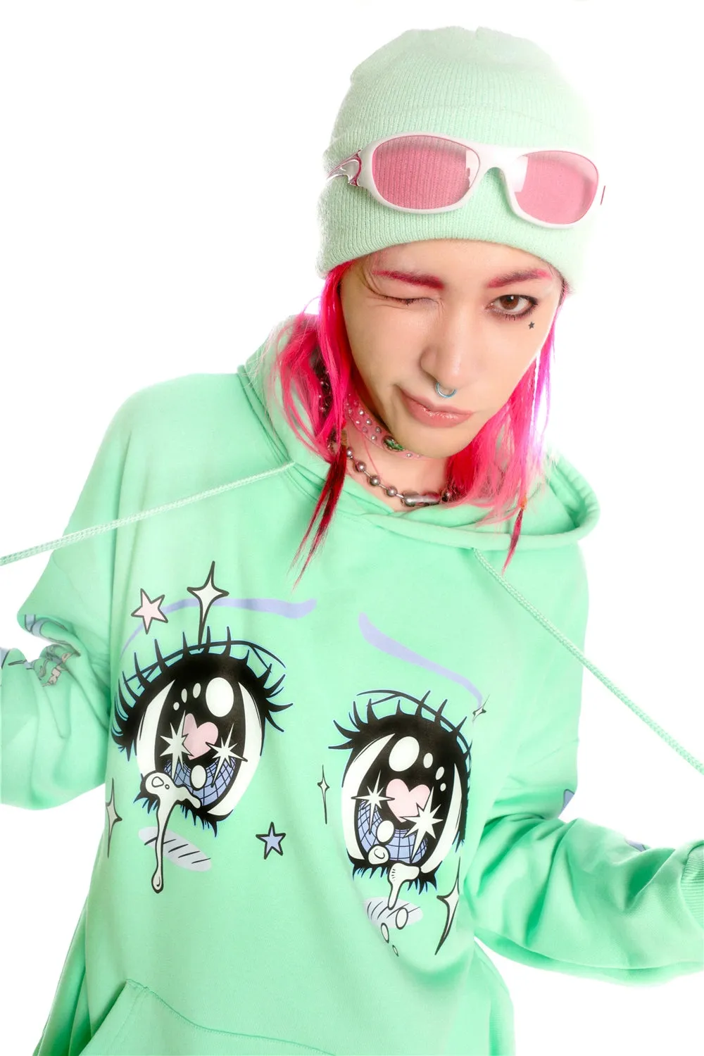 Kawaii Aesthetic Crying Eyes Hoodie – Pastel & Dark Anime Pullover with Sleeve Graphics