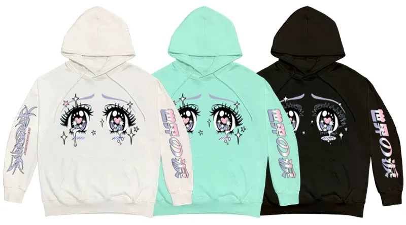 Kawaii Aesthetic Crying Eyes Hoodie – Pastel & Dark Anime Pullover with Sleeve Graphics