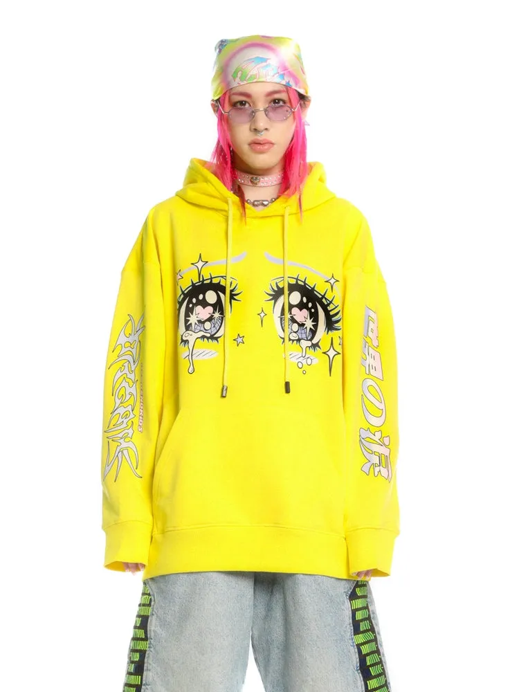 Kawaii Aesthetic Crying Eyes Hoodie – Pastel & Dark Anime Pullover with Sleeve Graphics