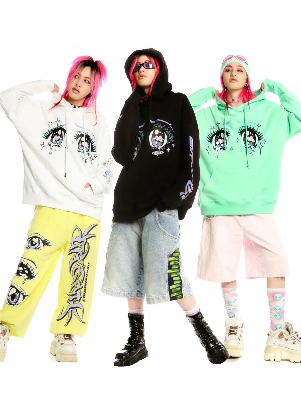 Kawaii Aesthetic Crying Eyes Hoodie – Pastel & Dark Anime Pullover with Sleeve Graphics