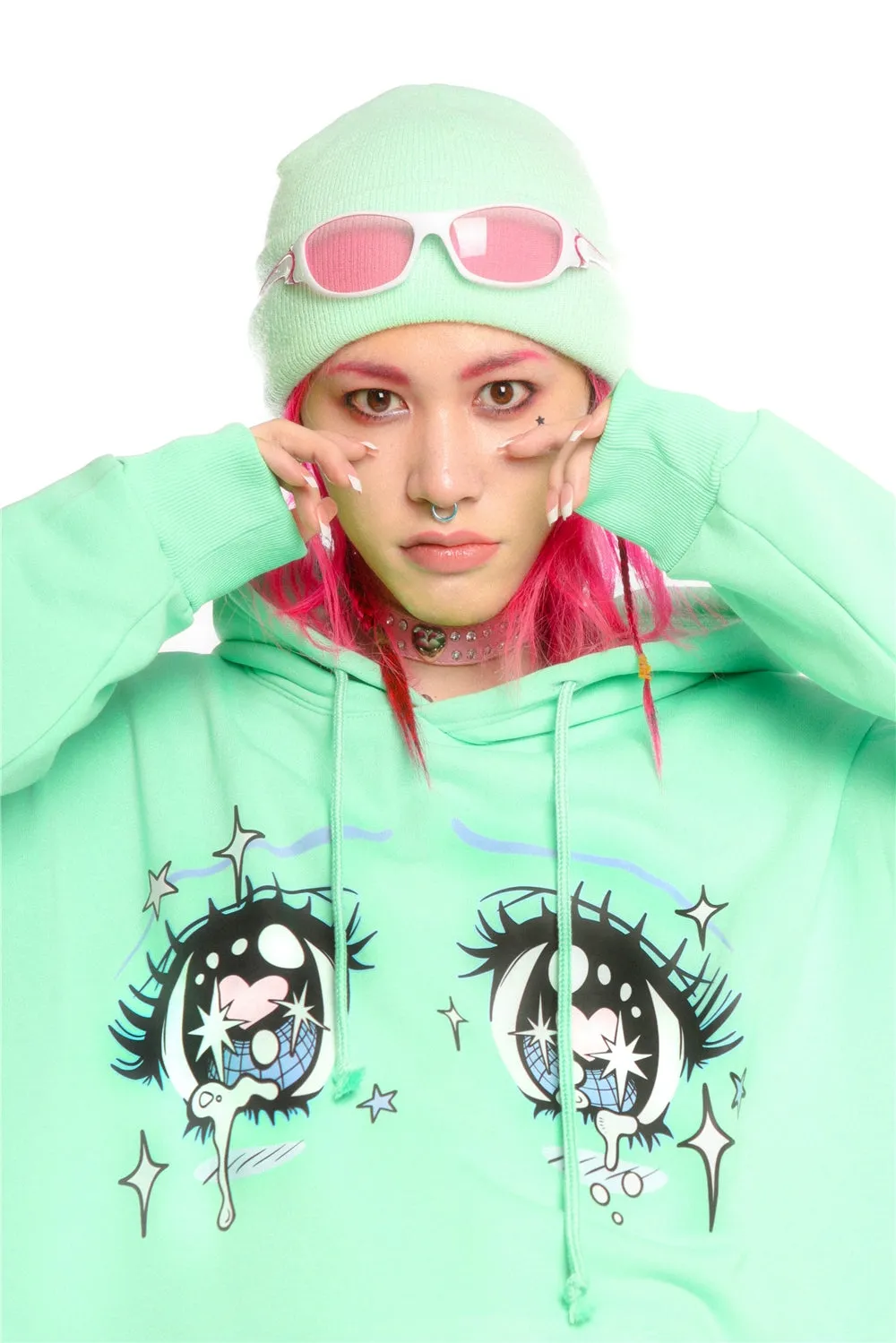 Kawaii Aesthetic Crying Eyes Hoodie – Pastel & Dark Anime Pullover with Sleeve Graphics