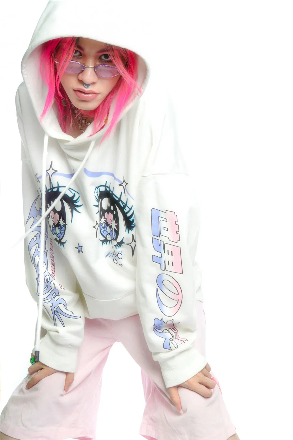 Kawaii Aesthetic Crying Eyes Hoodie – Pastel & Dark Anime Pullover with Sleeve Graphics