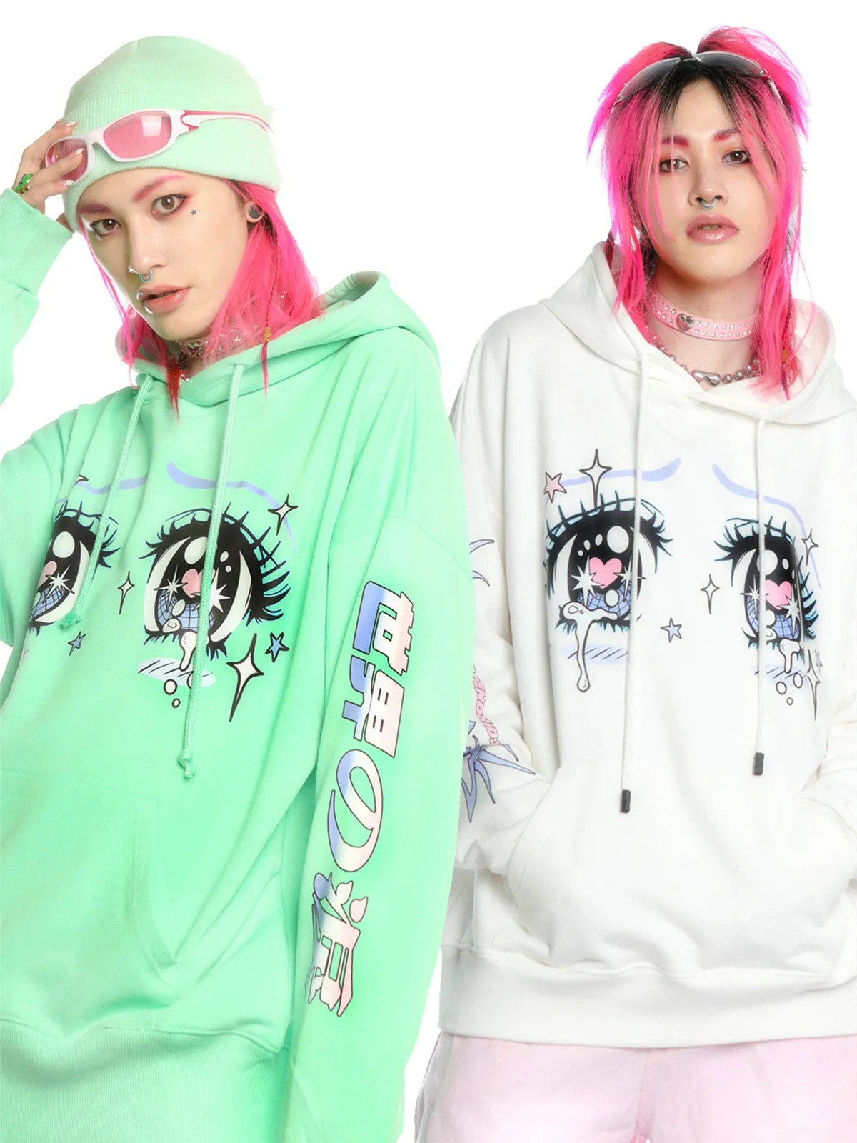Kawaii Aesthetic Crying Eyes Hoodie – Pastel & Dark Anime Pullover with Sleeve Graphics