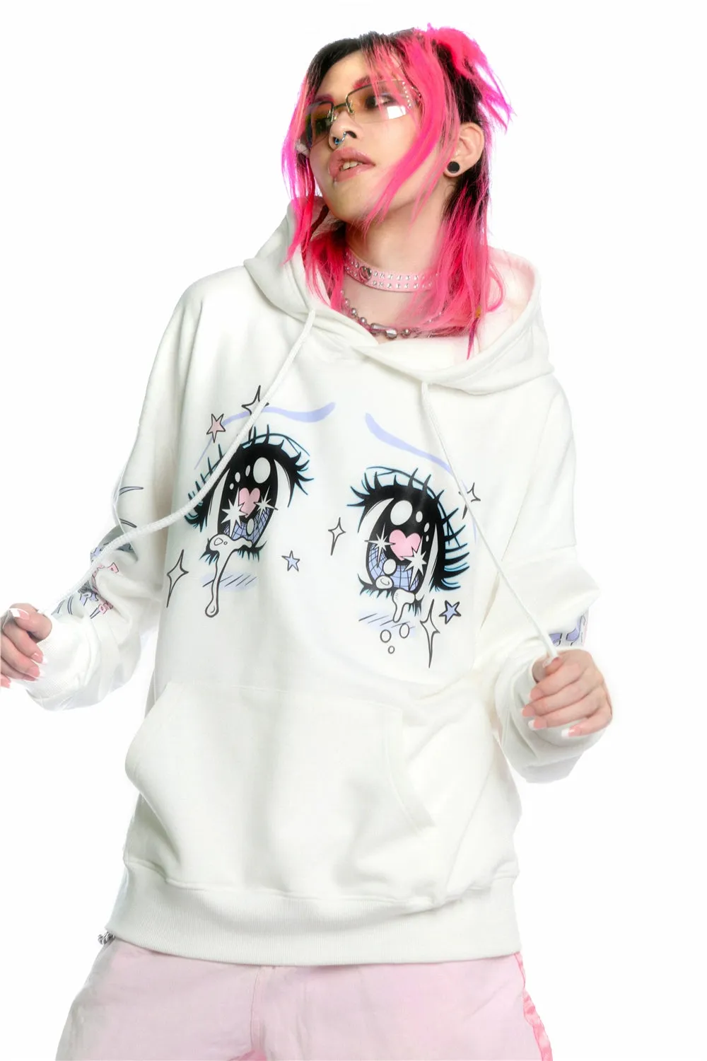 Kawaii Aesthetic Crying Eyes Hoodie – Pastel & Dark Anime Pullover with Sleeve Graphics