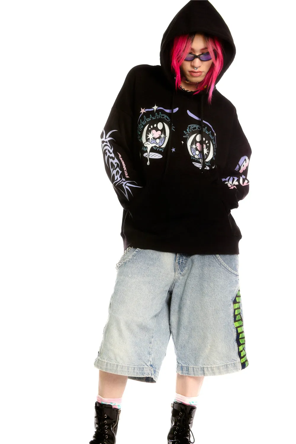 Kawaii Aesthetic Crying Eyes Hoodie – Pastel & Dark Anime Pullover with Sleeve Graphics