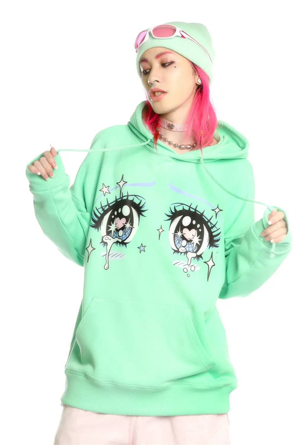Kawaii Aesthetic Crying Eyes Hoodie – Pastel & Dark Anime Pullover with Sleeve Graphics