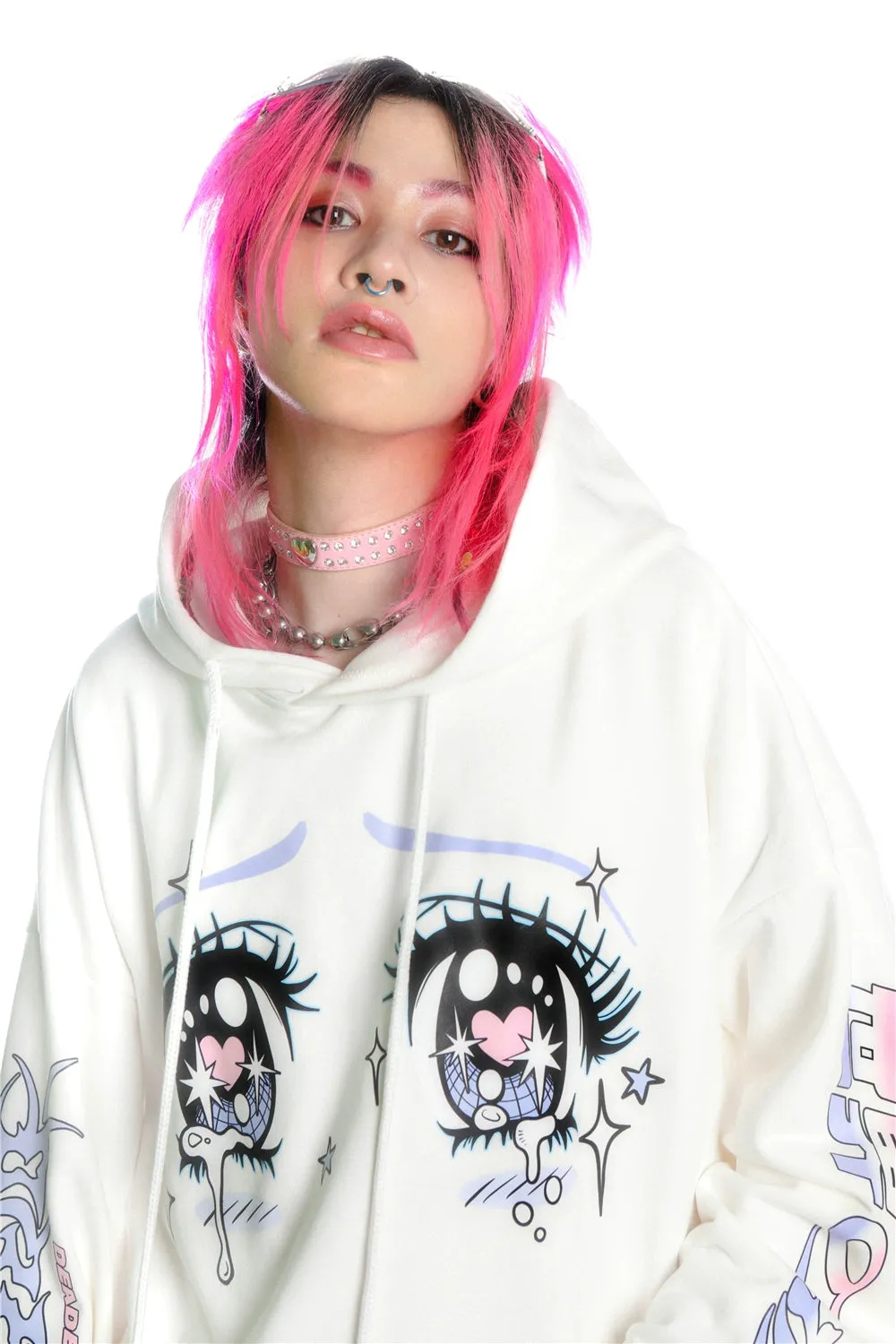 Kawaii Aesthetic Crying Eyes Hoodie – Pastel & Dark Anime Pullover with Sleeve Graphics
