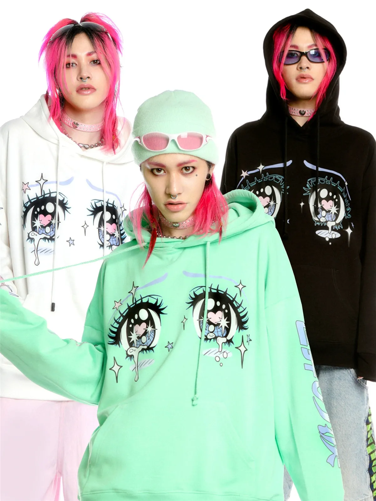 Kawaii Aesthetic Crying Eyes Hoodie – Pastel & Dark Anime Pullover with Sleeve Graphics