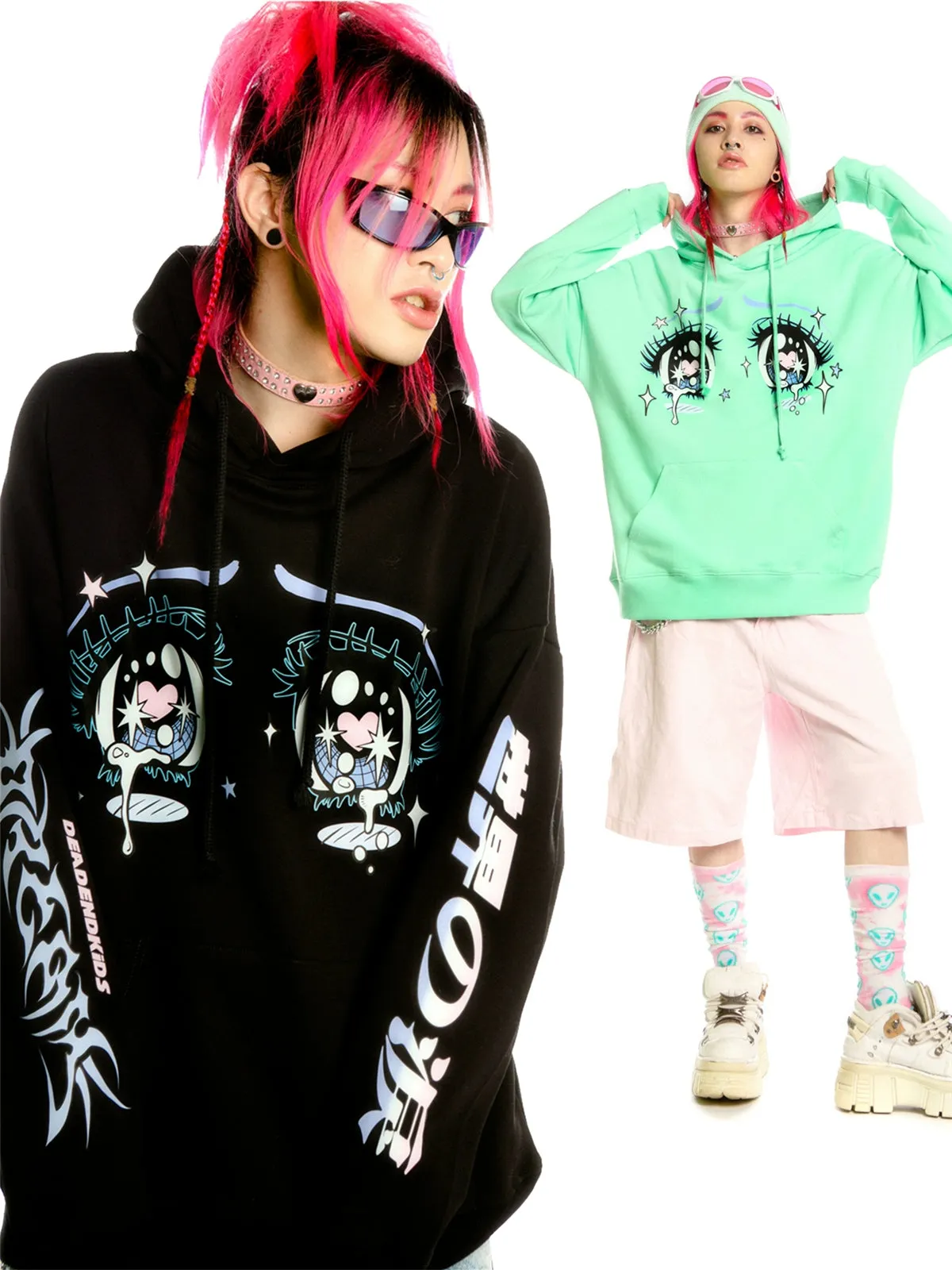 Kawaii Aesthetic Crying Eyes Hoodie – Pastel & Dark Anime Pullover with Sleeve Graphics