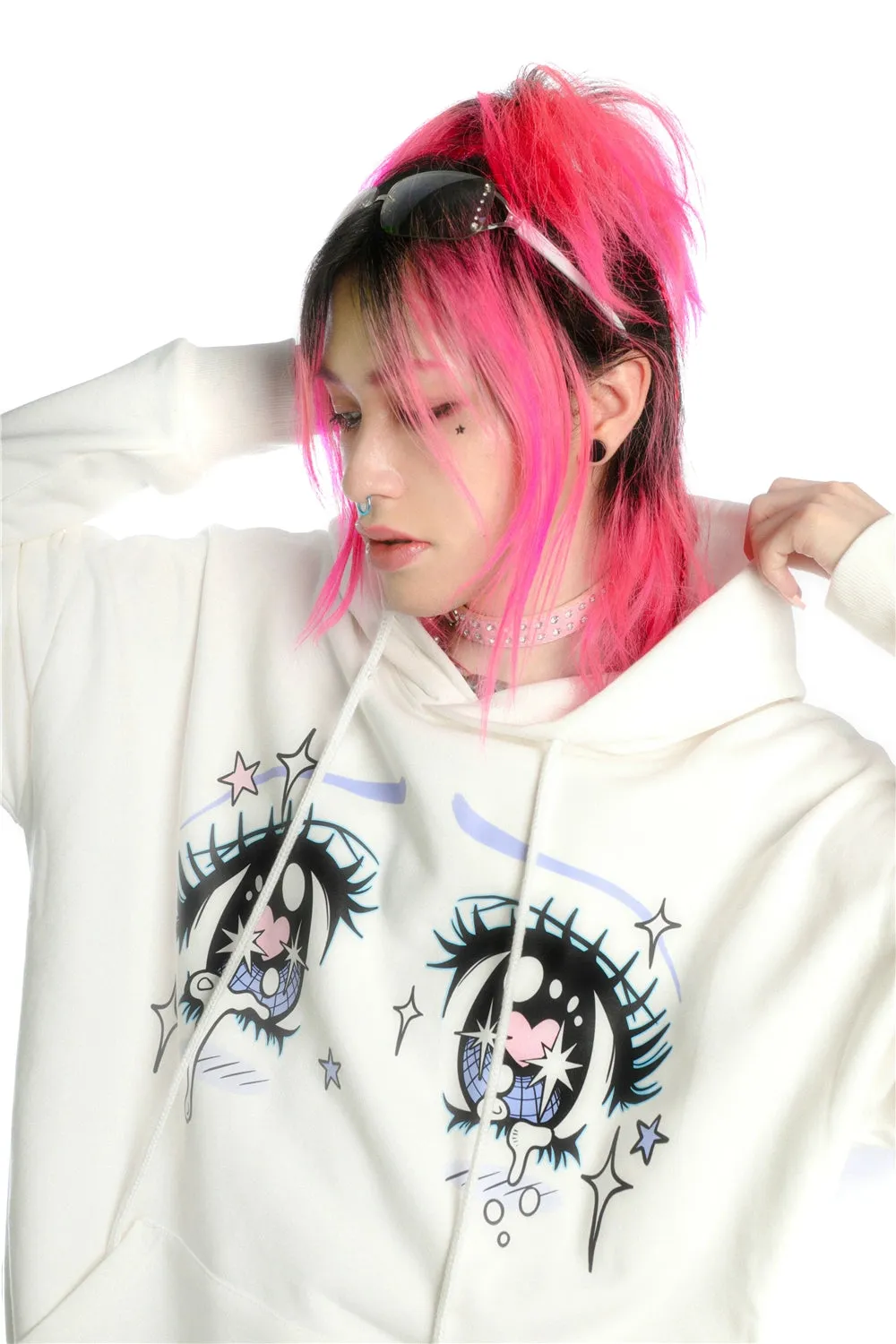 Kawaii Aesthetic Crying Eyes Hoodie – Pastel & Dark Anime Pullover with Sleeve Graphics