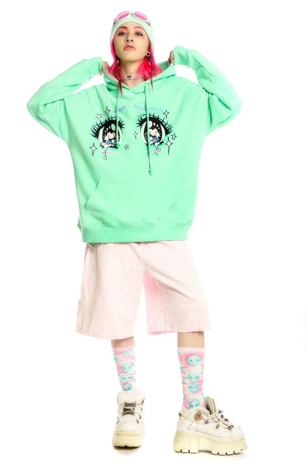 Kawaii Aesthetic Crying Eyes Hoodie – Pastel & Dark Anime Pullover with Sleeve Graphics