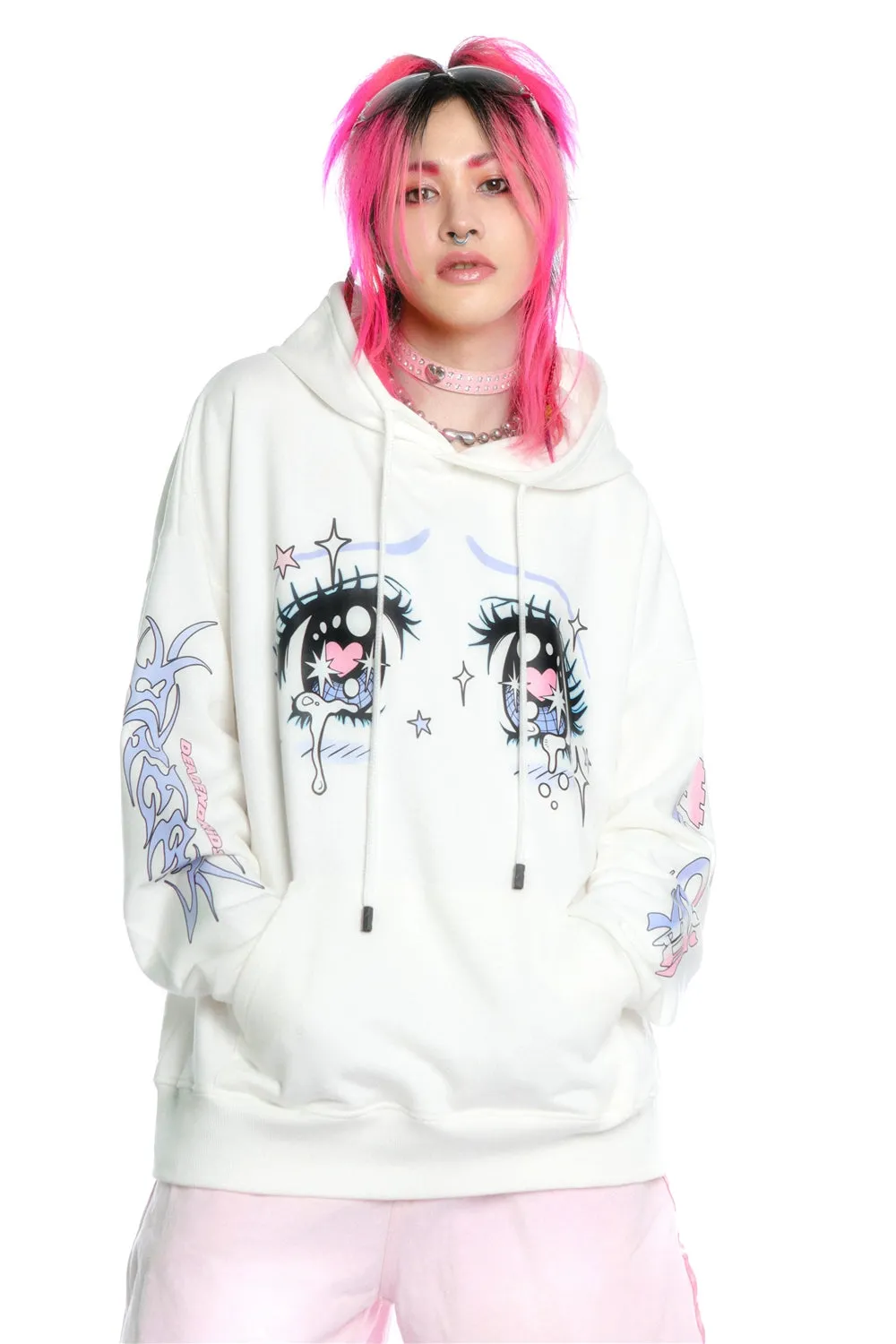 Kawaii Aesthetic Crying Eyes Hoodie – Pastel & Dark Anime Pullover with Sleeve Graphics