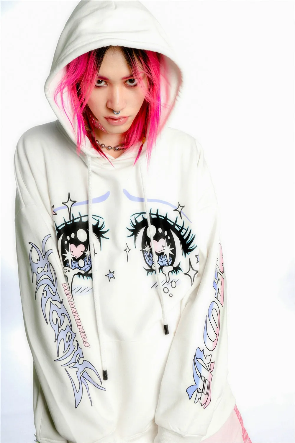 Kawaii Aesthetic Crying Eyes Hoodie – Pastel & Dark Anime Pullover with Sleeve Graphics