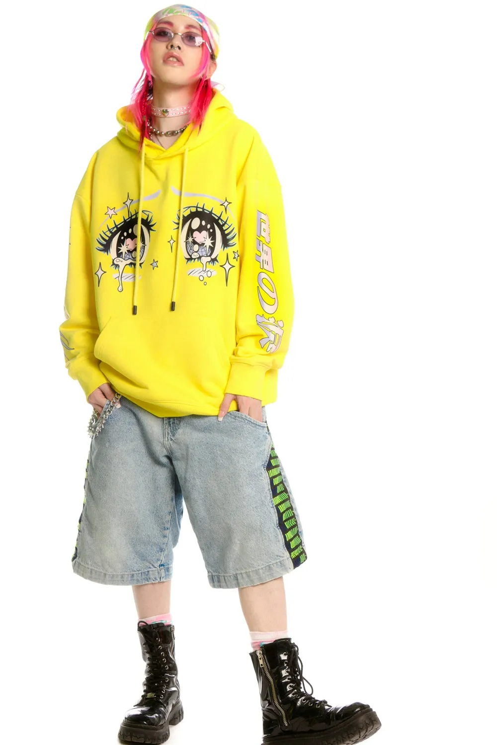 Kawaii Aesthetic Crying Eyes Hoodie – Pastel & Dark Anime Pullover with Sleeve Graphics